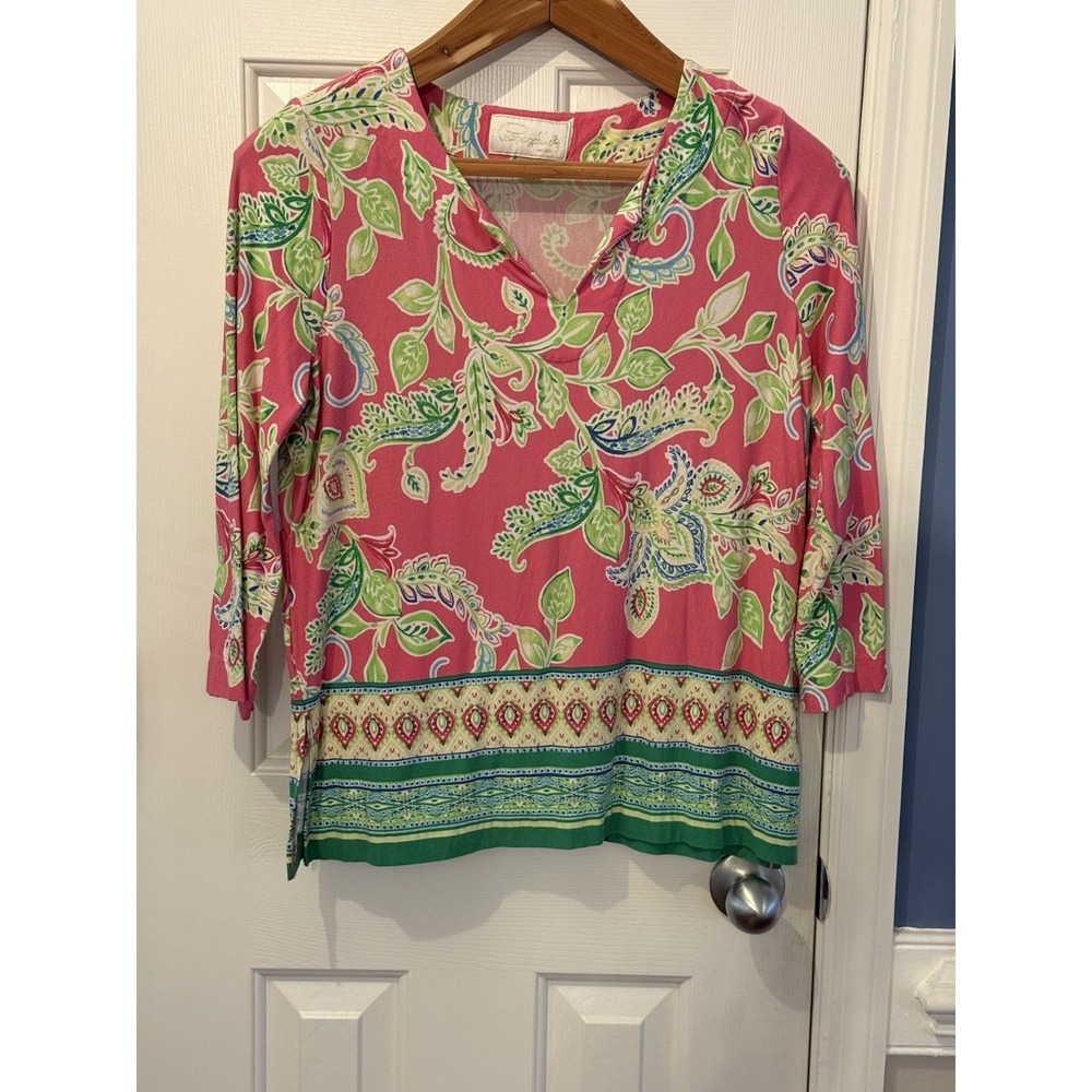 PL Pappagallo Colorful Multi pattern Top V Neck Casual Spring Summer Vacation